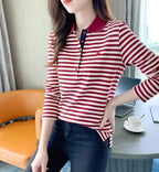 Korean Slimming Polo T-Shirt Women 95% Cotton Loose Fit Long Sleeve Streetwear for Autumn Winter Casual Outfits