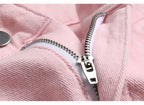 Men's Pleated Patch Denim Biker Jeans Streetwear Pink White Cotton Pants Ripped Patchwork Slim Straight Trousers