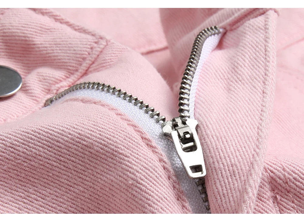 Men's Pleated Patch Denim Biker Jeans Streetwear Pink White Cotton Pants Ripped Patchwork Slim Straight Trousers
