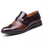 Mens Formal Two Tone Patent Leather Loafers Pointed Toe Slip On Shoes With Metal Buckle Low Heel Comfortable Non Slip Breathable