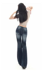 2026 New Ladies American Vintage Washed Micro Flare Denim Pants High Waist Slim Lazy Floor-Length Retro Street Long Jeans