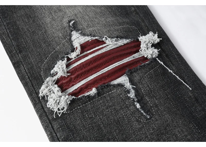 Men's Fashionable Black/Gray Jeans with Pleats Nostalgic Perforations Red Patches Washed Water High Street Style
