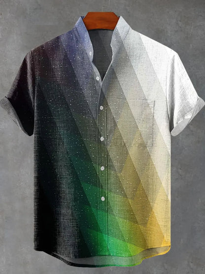 2025 Men's New Hot Selling Cool Checkered Pattern Printed Summer Comfortable Linen Short sleeved Shirt Men's Casual Button Top