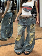 Women's Light Blue Distressed Wide Leg Jeans High Waist Heavy Ripped Vintage Y2K Baggy Denim Pants