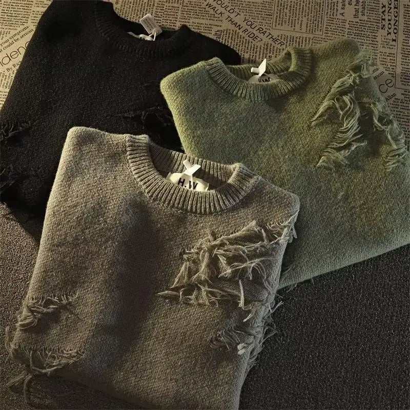 2026 Fashionable Youthful Style Men New Retro Hole Fringed SLong Sleeve Sweater Loose Versatile Sweater Autumnand y2k Streetwear