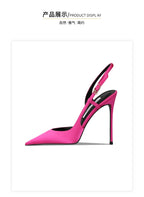 Rose red satin back tripe buckle sandals for women's new style slim heel and sexy European and American style single shoes