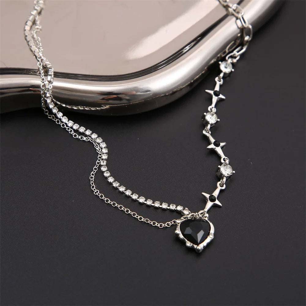 SUMENG 2024 Purple Pink Black Crystal Heart Pendant Necklace Sweet Cool Girl Punk Clavicle Chain For Women Fashion Jewelry Gifts