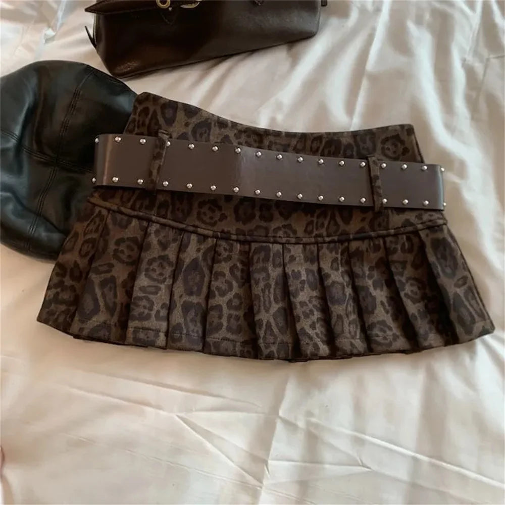 Leopard Print High-Waist Short Skirt Women'S Y2k Sexy Hot Girl New Slim Pleated Skirts Aesthetic High Street Retro A-Line Skirt