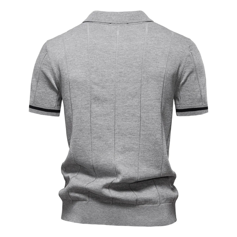 New men's business casual short-sleeved fashion trend knitted POLO shirt with lapel and half-zip pullover design.