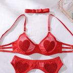 Ellolace Tempted Women's Lingerie Sets Daring Heart Rhinestone Bra Belt Thong 3PC with Choker Leg Circles Intimate Miss Outfits