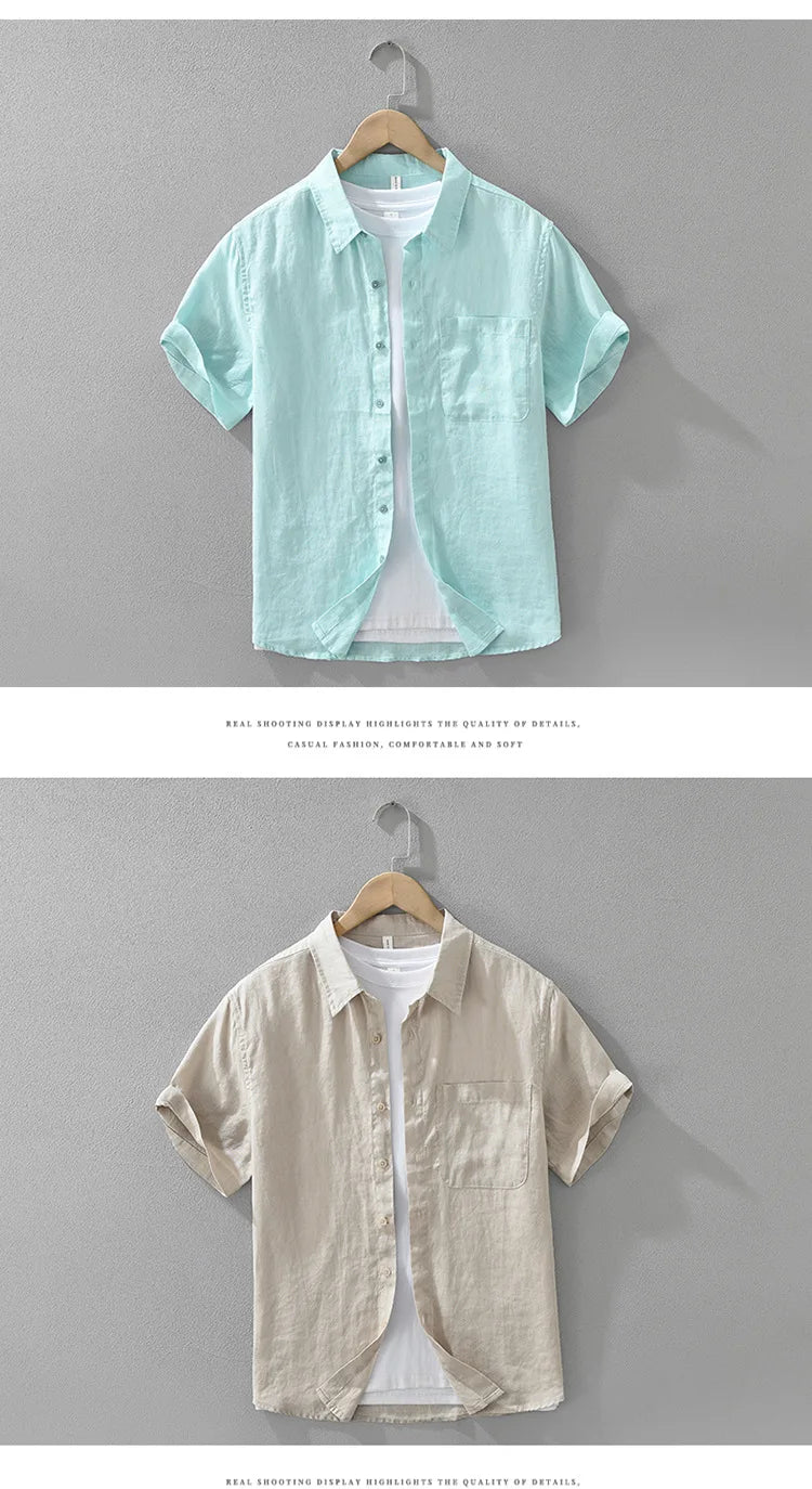 100% Linen Short Sleeve Shirt for Men Breathable Summer Casual Top Minimalist Loose Fit Button-Up Shirt  Natural Wrinkle Texture