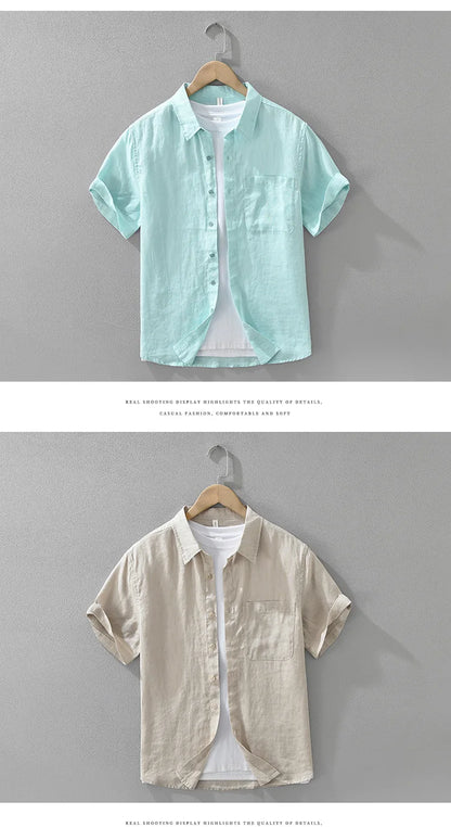 100% Linen Short Sleeve Shirt for Men Breathable Summer Casual Top Minimalist Loose Fit Button-Up Shirt  Natural Wrinkle Texture