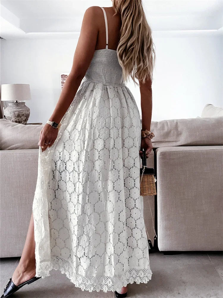 Summer Women Lace Playsuit Dress Sleeveless V Neck Hollow Out Irregular Midi Dress Sexy Elegant Casual Bohemian Dresses