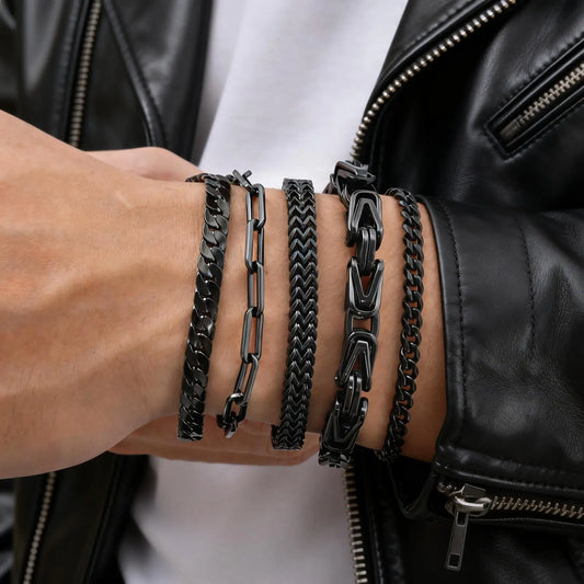 Casual Black Chain Bracelet for Men,Stainless Steel Byzantine Braided Link Wristband,Birthday Gift for Father Husband Son