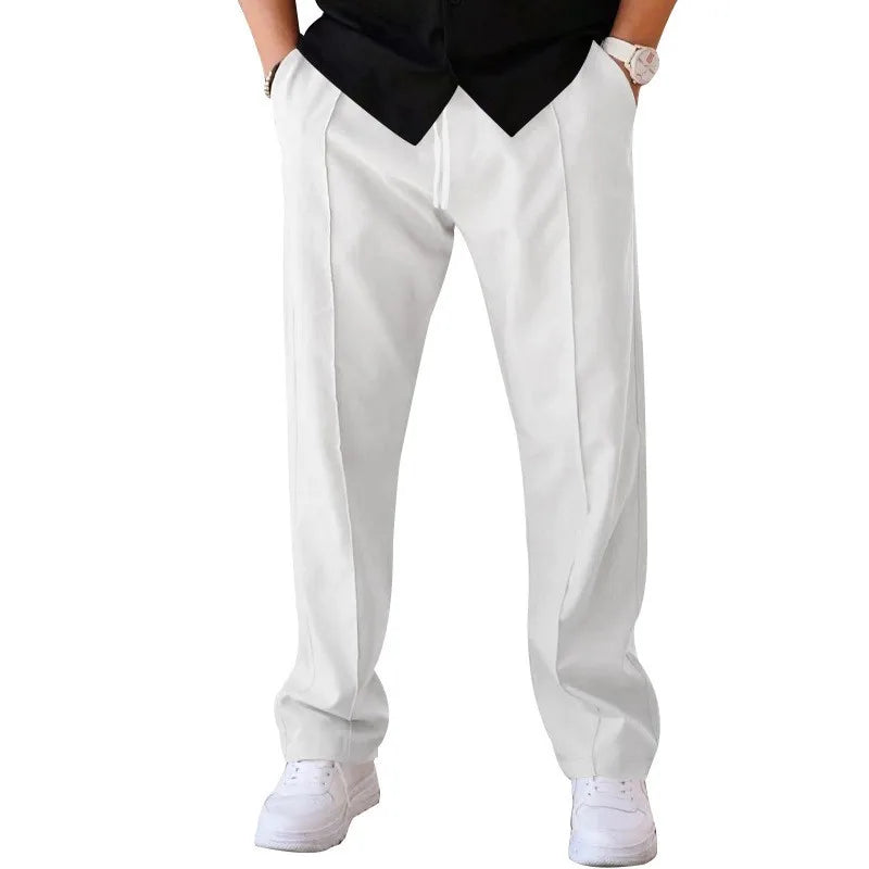 Men Casual LooseStraight Leg Dress Pants Elastic Drawstring Waist Front Seam Plain Wide Leg Trousers Daily Street Vacation Relax