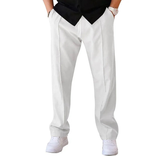 Men Casual LooseStraight Leg Dress Pants Elastic Drawstring Waist Front Seam Plain Wide Leg Trousers Daily Street Vacation Relax