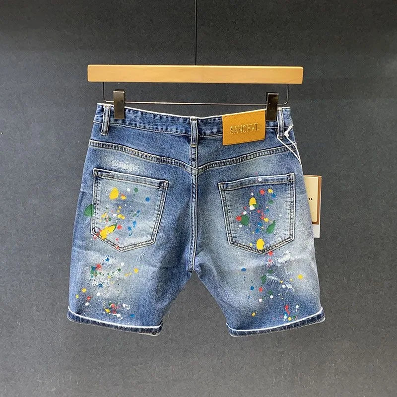 2025 Summer New Fashion Trend Printed Ripped Straight Stretch Jeans Men's Casual Loose Sports High Quality Denim Shorts 28-36