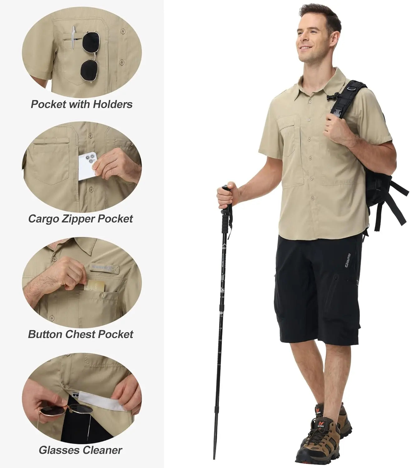 Summer Men's UPF 50+ Fishing Shirts, Lightweight Breathable Short Sleeve Cargo Shirt, Button Down Tactical Shirts Workout