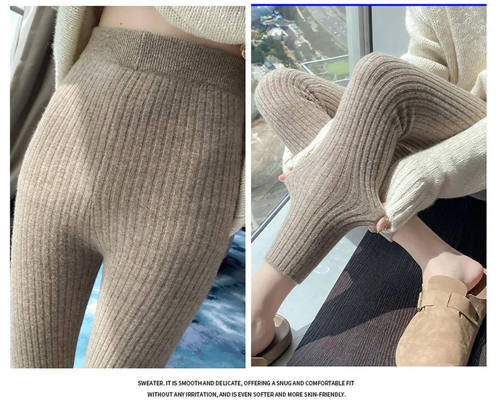 Autumn Winter 100% Merino Wool Leggings for Women Thickening Leggings Small Feet Pencil Pants Outdoor Casual Stretchy Pants