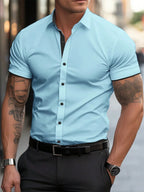 Men's short-sleeved shirts for casual daily wear. Large men's summer slim, light, elastic and iron-free business shirts