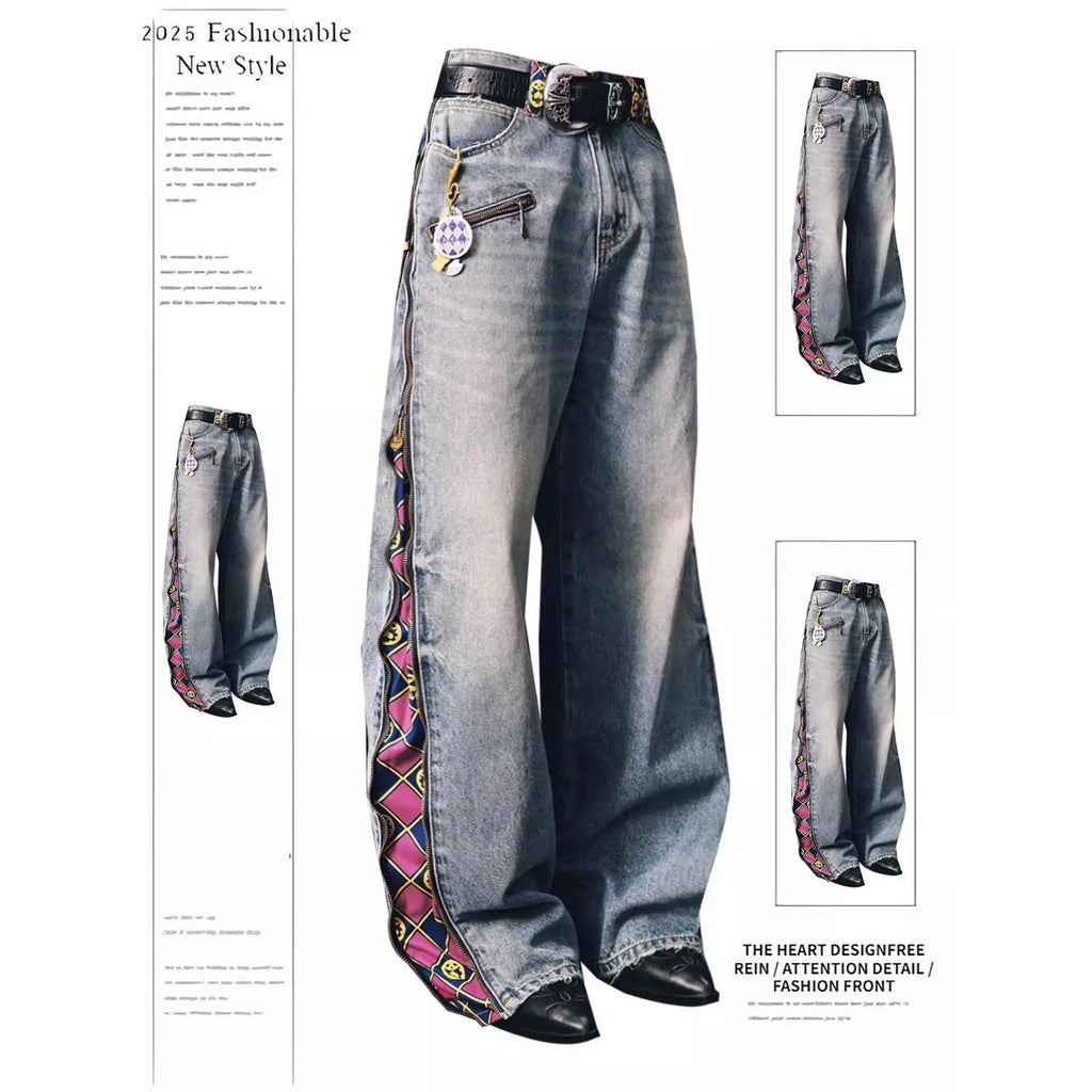Japanese Anime Zip Off Panel Jeans Woman High Waist Wide Leg Detachable Print Denim Pants Purple Gold Patchwork Straight Jeans