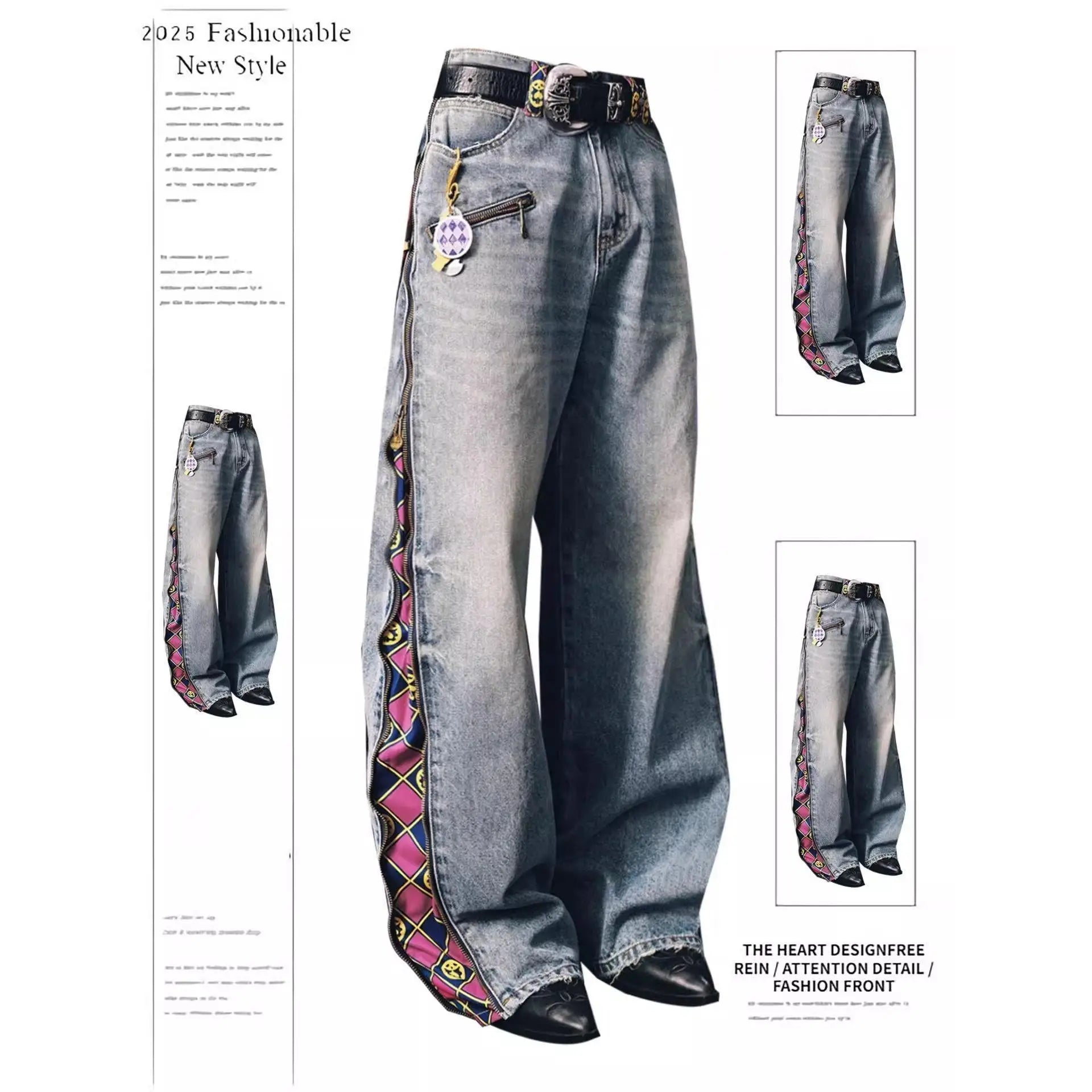 Japanese Anime Zip Off Panel Jeans Woman High Waist Wide Leg Detachable Print Denim Pants Purple Gold Patchwork Straight Jeans