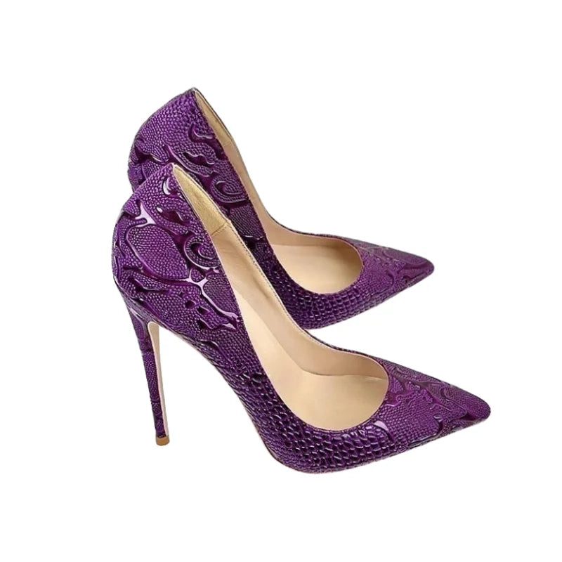 Purple Embossed Crocodile Effect Women Pointy Toe Slip On High Heel Shoes for Party Sexy Ladies Dress Stiletto Pumps