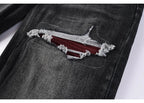 Men's Fashionable Black/Gray Jeans with Pleats Nostalgic Perforations Red Patches Washed Water High Street Style