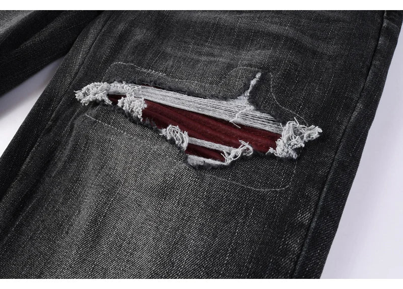 Men's Fashionable Black/Gray Jeans with Pleats Nostalgic Perforations Red Patches Washed Water High Street Style