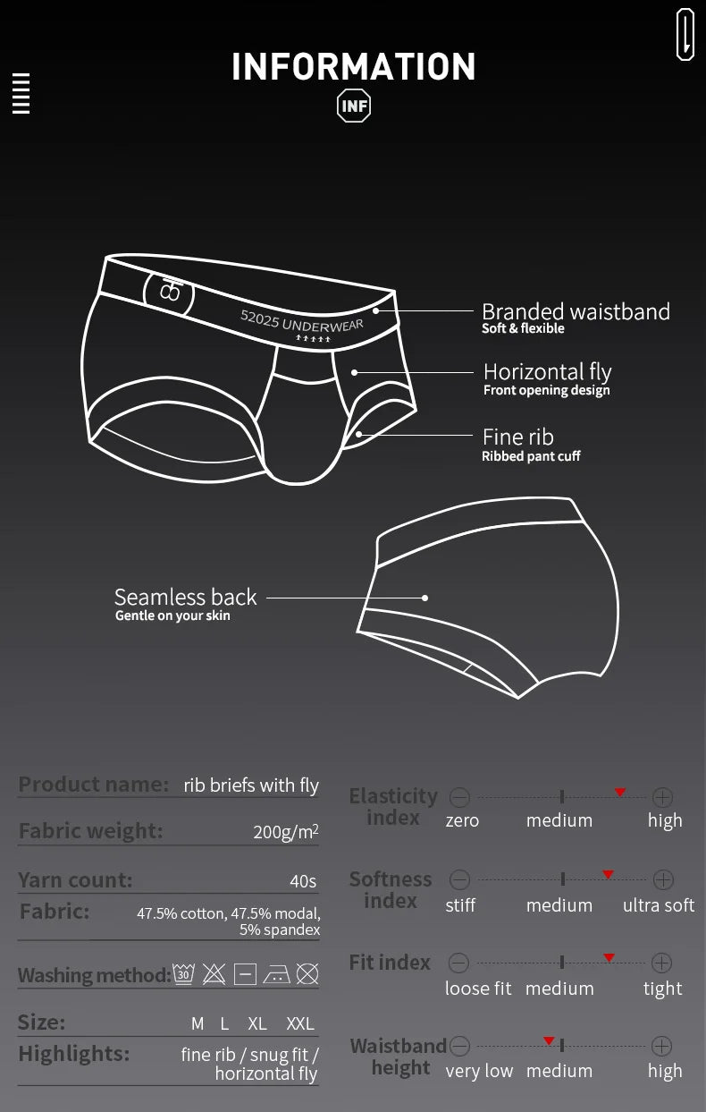 52025 Premium Men's Briefs – Cotton Modal Blend for Soft, Breathable Comfort. Breathable Briefs with Horizontal Fly and Fine Rib