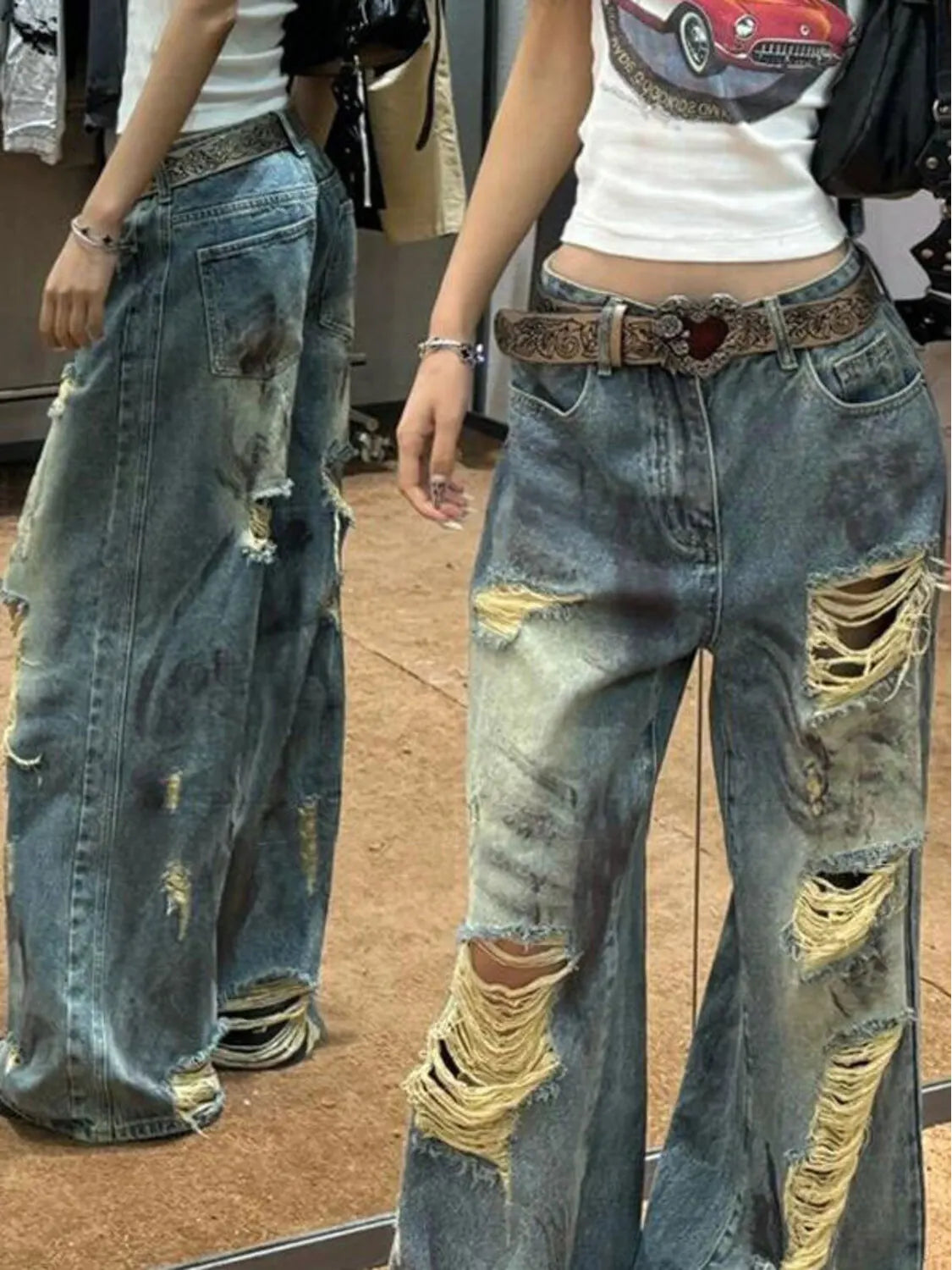 Women's Light Blue Distressed Wide Leg Jeans High Waist Heavy Ripped Vintage Y2K Baggy Denim Pants