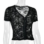 JULISSA MO Sexy Deep V-neck Sheer Lace Women T-shirt Black Short Sleeve Floral T-shirt Summer Skinny Casual Vacation Streetwear