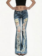 Women American Low Waist Flare Jeans Ripped Design Street Y2K Hot Girl Slim Denim Long Pants Grunge Streetwear Trousers
