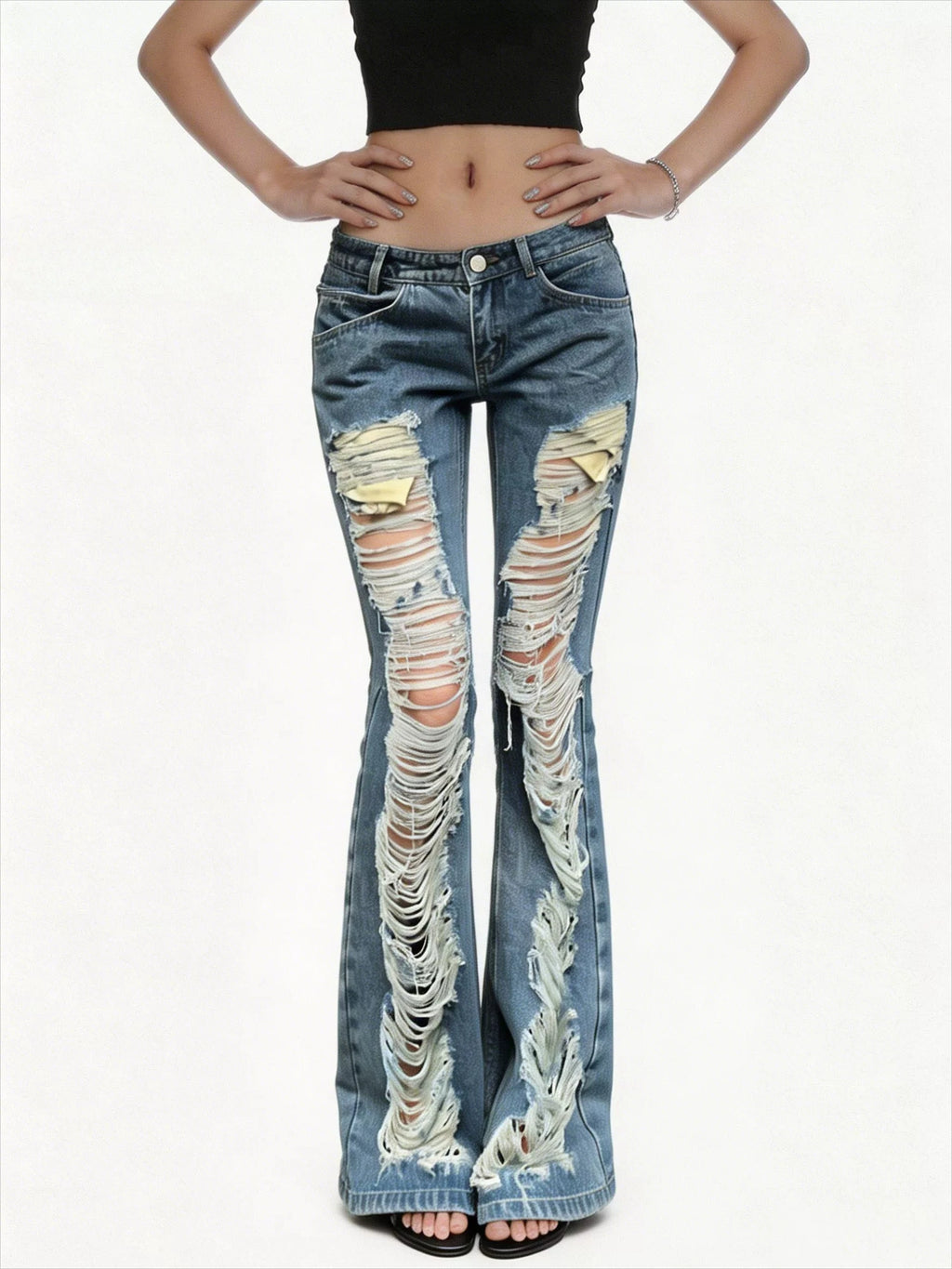 Women American Low Waist Flare Jeans Ripped Design Street Y2K Hot Girl Slim Denim Long Pants Grunge Streetwear Trousers