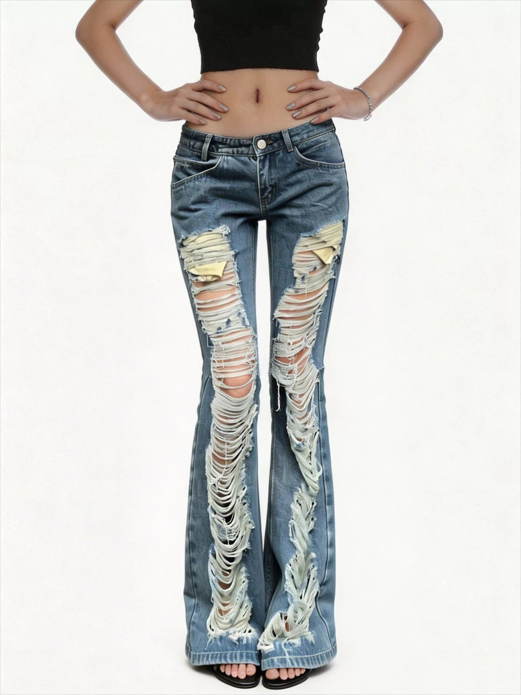 Women American Low Waist Flare Jeans Ripped Design Street Y2K Hot Girl Slim Denim Long Pants Grunge Streetwear Trousers