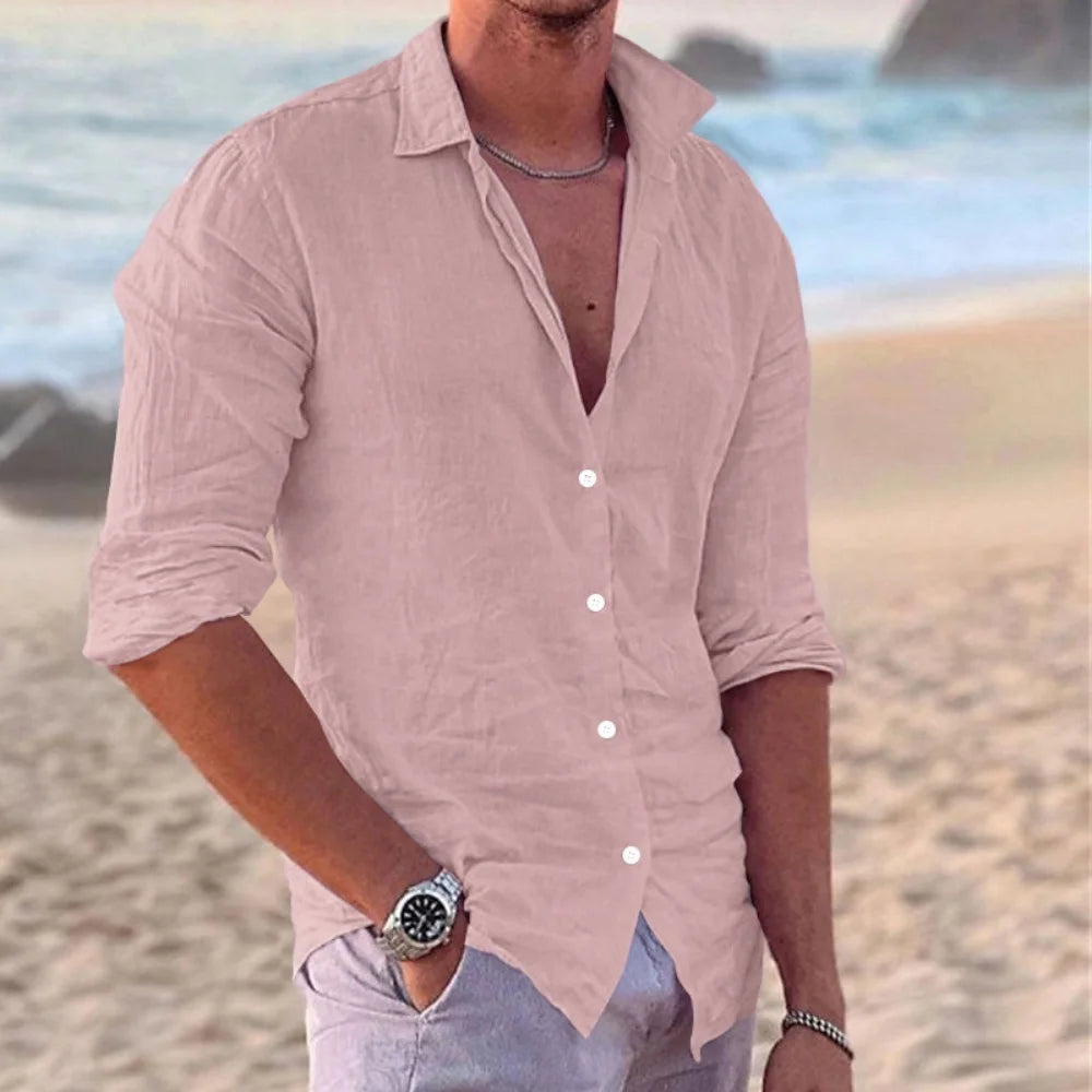 New Men's Shirt Cotton linen Fashion Casual Polo Neck Beach Shirt Long Sleeve Solid Hawaiian Holiday Shirts