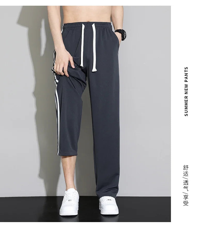 Summer New Men Sweatpants Joggers Straight Pants Neutral Breathable Loose Outdoor Quick Drying Fabric Striped Casual Trouser