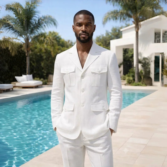 Linen Summer Safari Suits For Men 2 Pieces Separates Blazer Pants Set Casual Outfit For Beach Wedding Prom Party Man Suit
