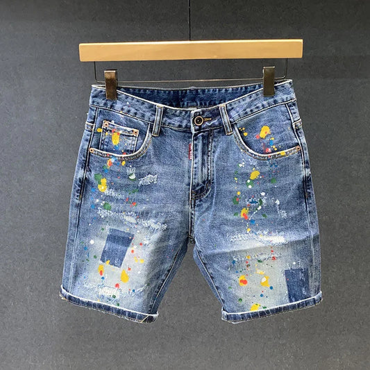2025 Summer New Fashion Trend Printed Ripped Straight Stretch Jeans Men's Casual Loose Sports High Quality Denim Shorts 28-36