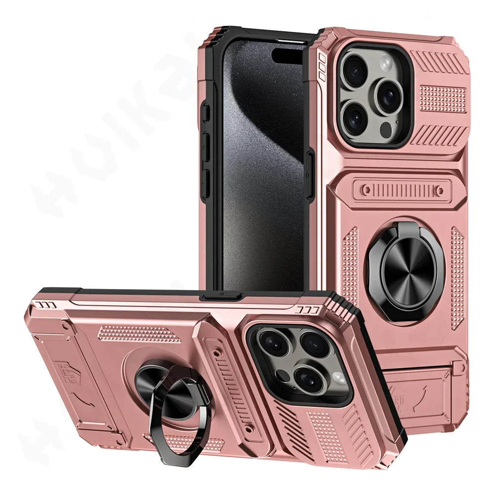 Military Quality Case for iPhone 11 13 14 15 16 Pro Max Magnetic Rotated Ring Kickstand Heavy Duty Drop Protection Wallet Cover