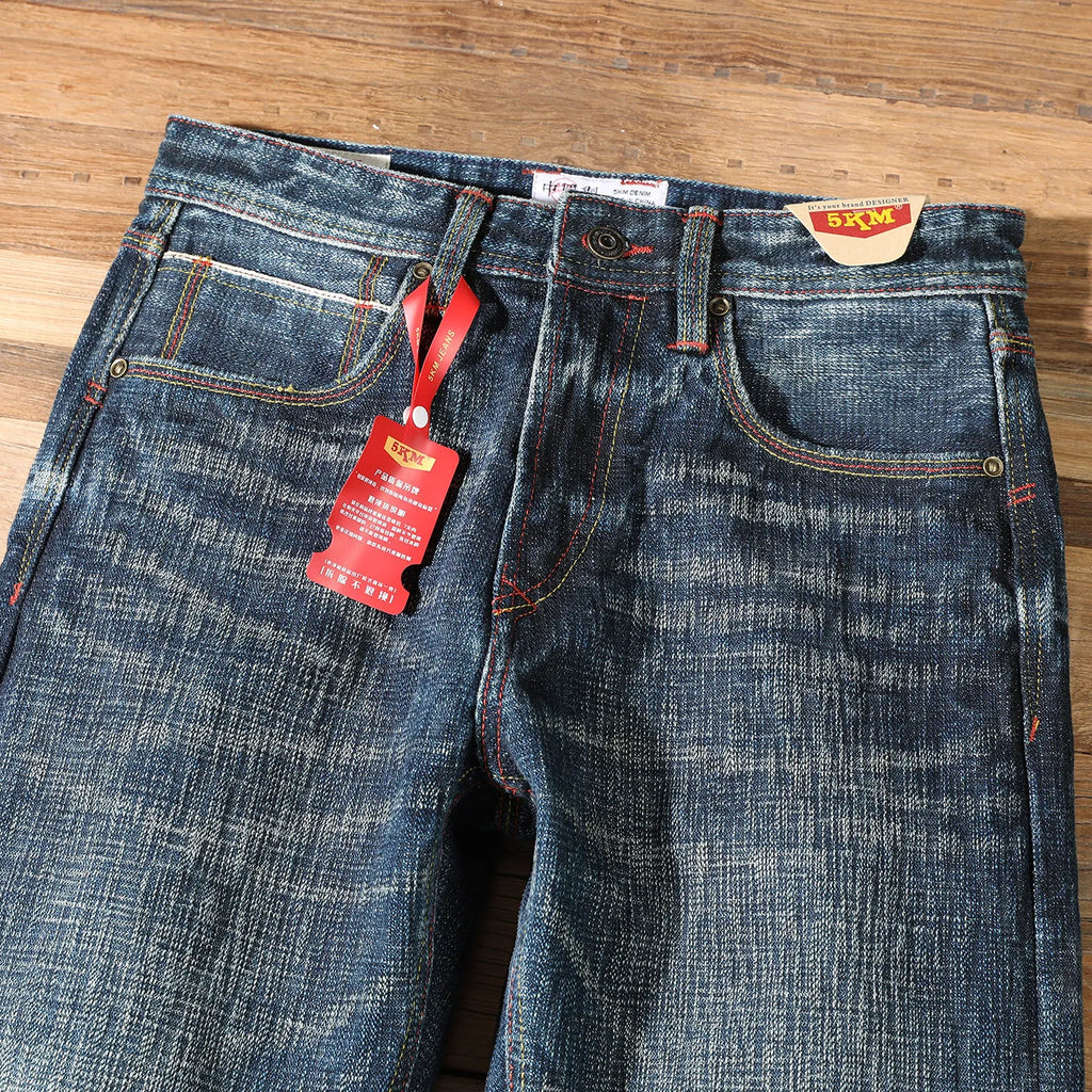22oz Heavyweight 100% Cotton Washed Men's Selvedge Denim Jeans Taiwan Hand-spun Yarn Plant-dyed Standard Straight Fit Pants 5KM