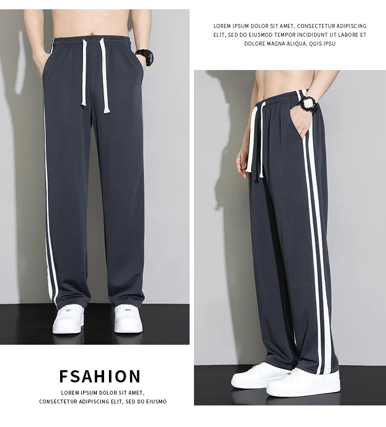 Summer New Men Sweatpants Joggers Straight Pants Neutral Breathable Loose Outdoor Quick Drying Fabric Striped Casual Trouser