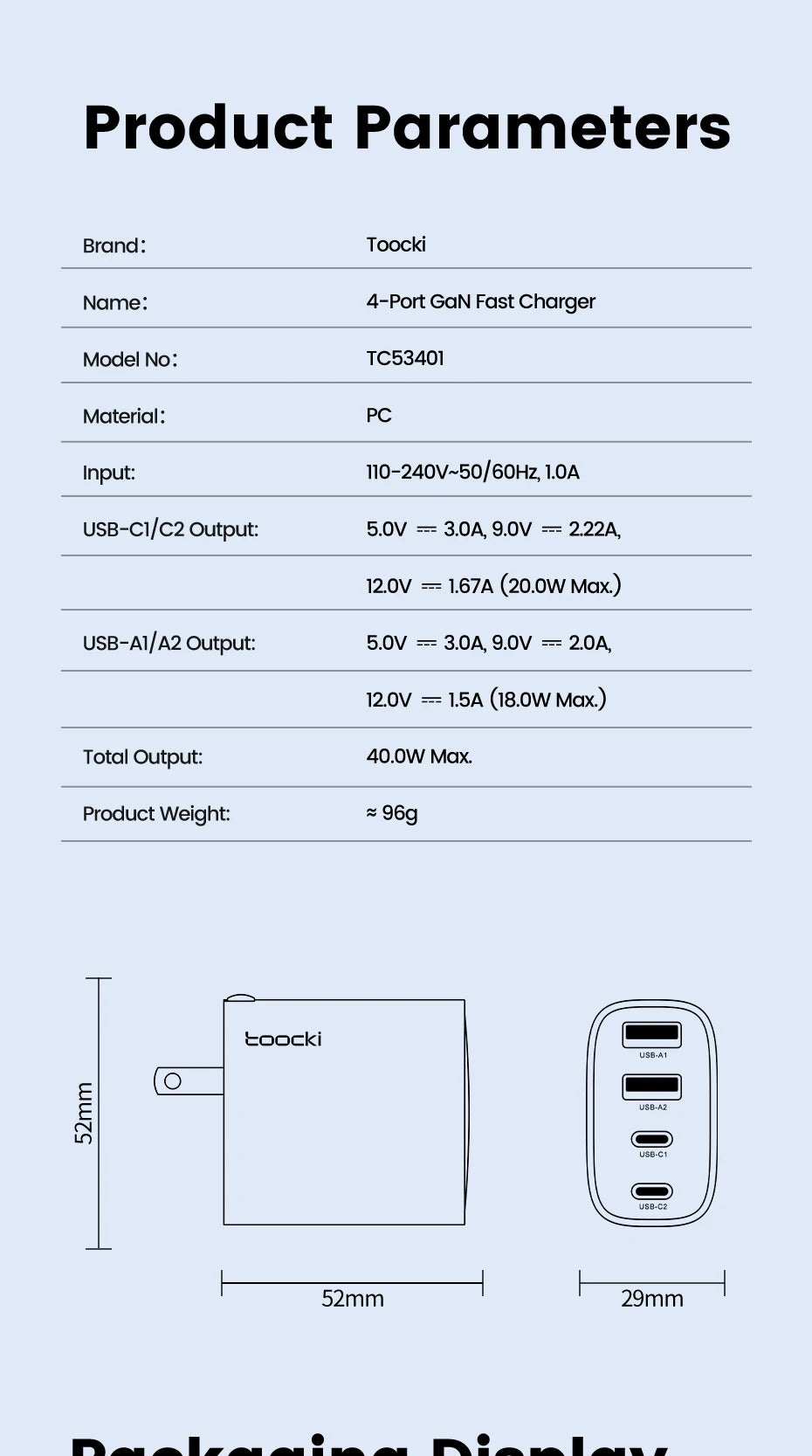 Toocki 40W GaN Fast Charger QC4.0 PD3.0 AFC SCP 4 Port USB Type C Charger for iPhone 16 15 14 Samsung S25 S24 Xiaomi Huawei OPPO