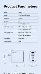 Toocki 40W GaN Fast Charger QC4.0 PD3.0 AFC SCP 4 Port USB Type C Charger for iPhone 16 15 14 Samsung S25 S24 Xiaomi Huawei OPPO