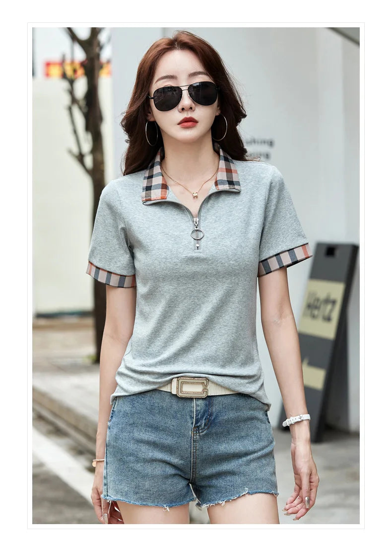 New Women Summer Cotton Polo T-shirt Fashion Button Plaid Turn-down Collar Short Sleeve Slim T-shirt Simplicity Casual Tees Tops
