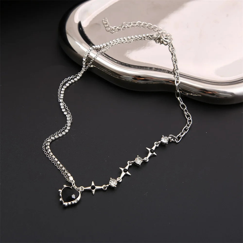 SUMENG 2024 Purple Pink Black Crystal Heart Pendant Necklace Sweet Cool Girl Punk Clavicle Chain For Women Fashion Jewelry Gifts