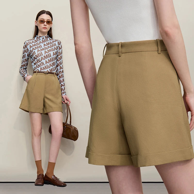 Amii Women's Shorts 2026 Summer New Rolled Casual Cotton Pants Cuffed Hem Solid Color Versatile Basic Woman Clothes 12622140