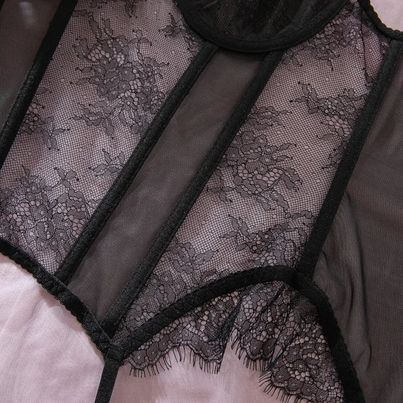 Willowy Women's Lingerie Sets Sexy Corset Lace Bra and Panty 2PCS with Stockings Sheer Outfits Sissy Girl's Intimate Underwear
