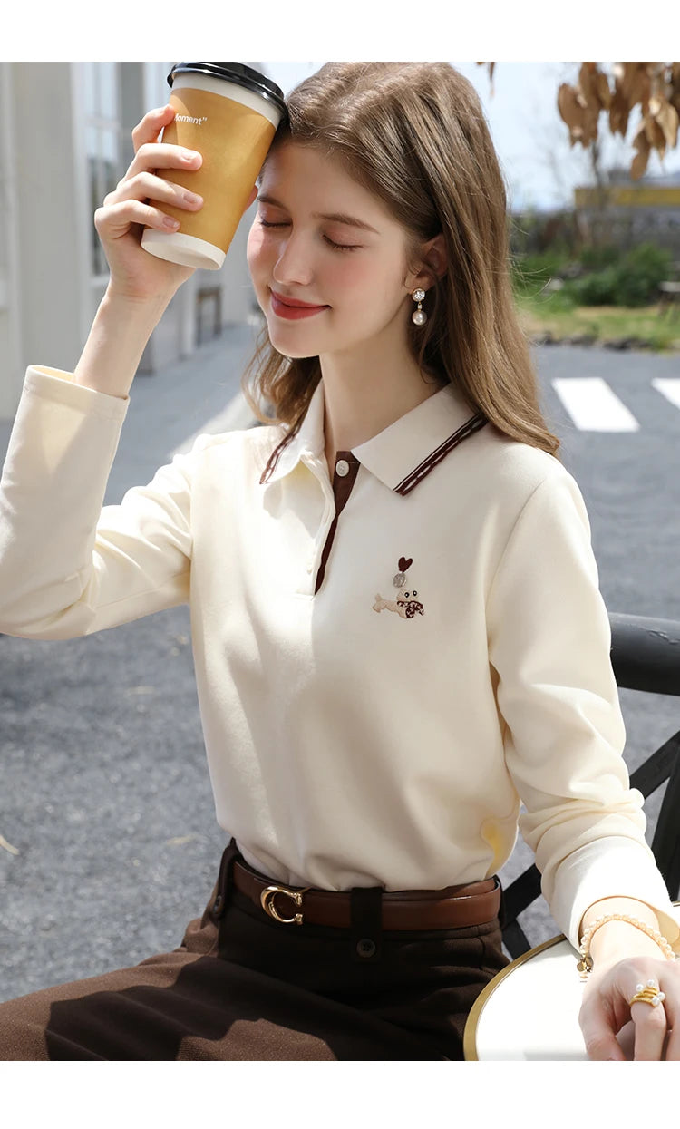 I BELIEVE YOU Polo Neck Long Sleeved T-shirt for Women Autumn 2025 Apricot Casual Tees Contrast Color Embroidery Top 2253016181