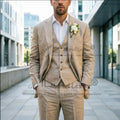 3 Pieces Linen Wedding Tuxedo Khaki Men Suits For Summer Slim Fit V Neck Vest Formal Suit With Flap Pockets For Party Occasion